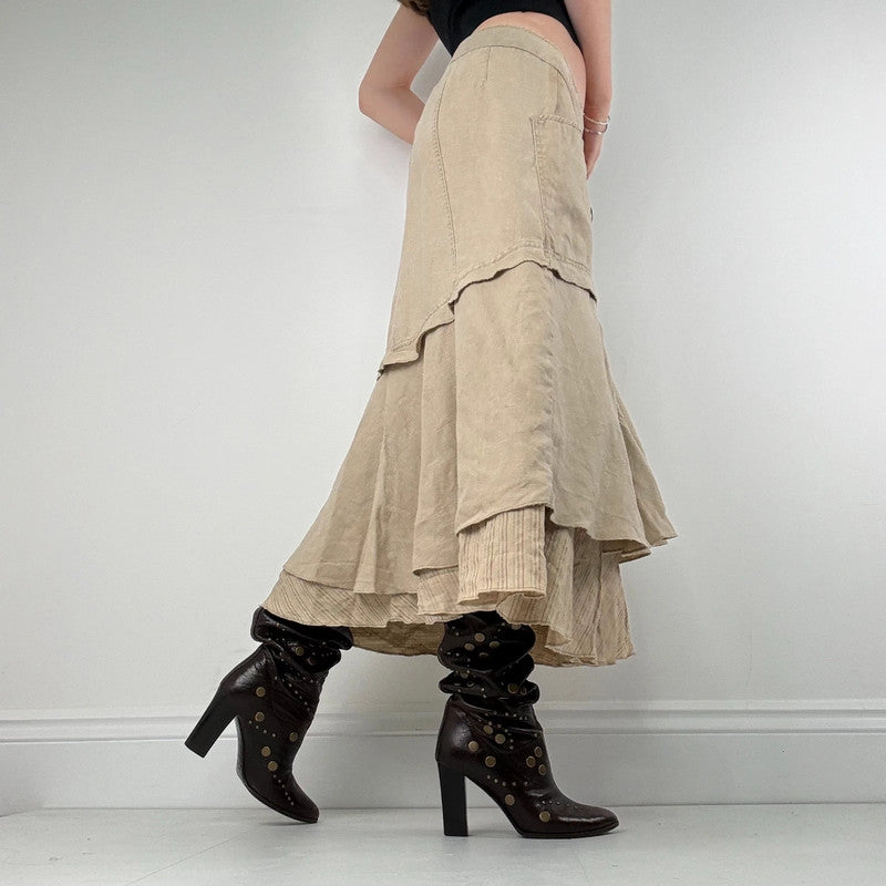 tan linen layered pinstripe midi skirt