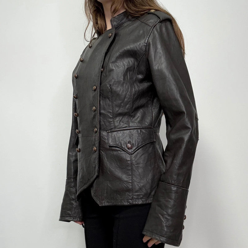 aymmetric brown leather military napolionic jacket