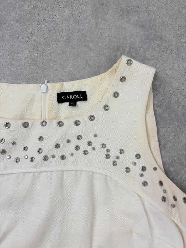 cream cotton linen a-line studded midi dress