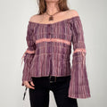 tartan off the shoulder gathered cotton shirt