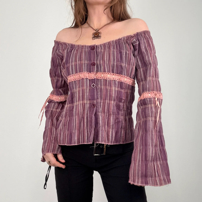tartan off the shoulder gathered cotton shirt