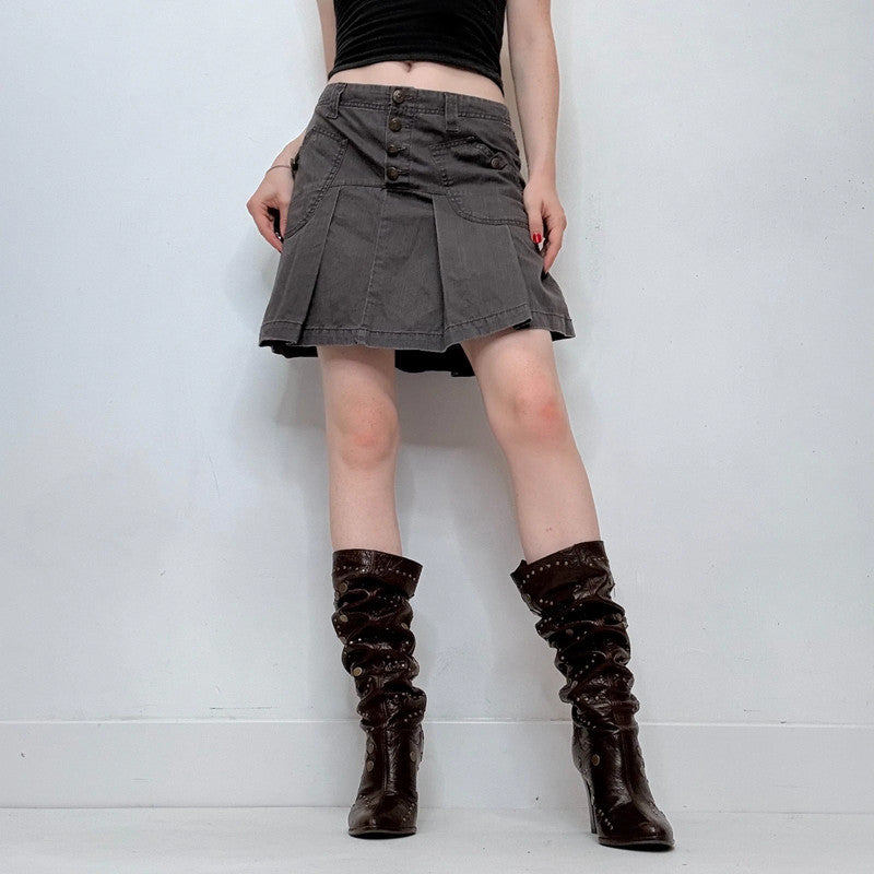 asymmetric grey distressed pleated mini skirt