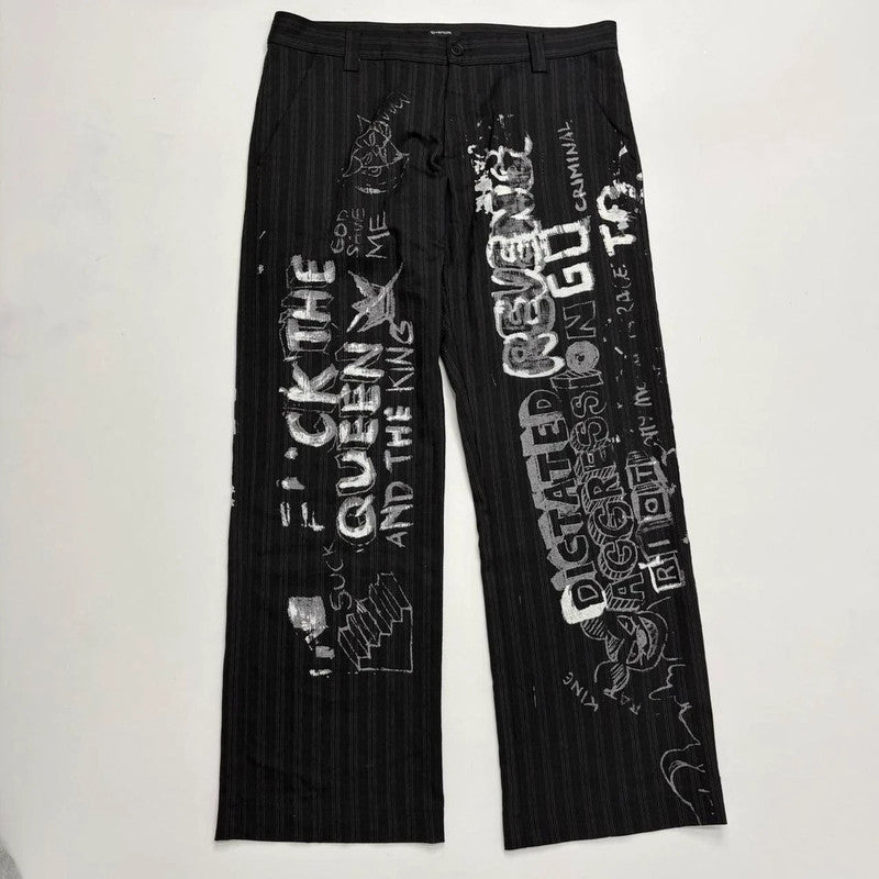 black pinstripe graphic text trousers