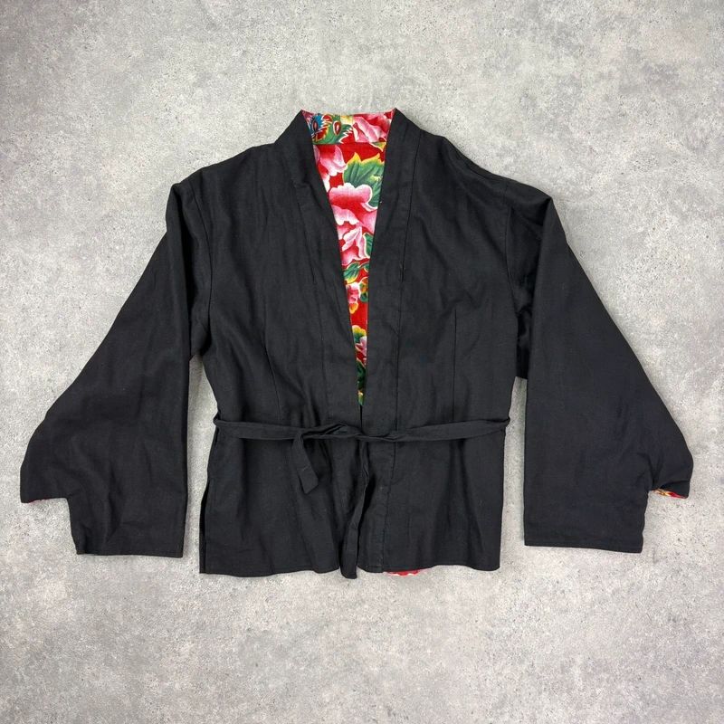 black linen boxy cropped kimono jacket