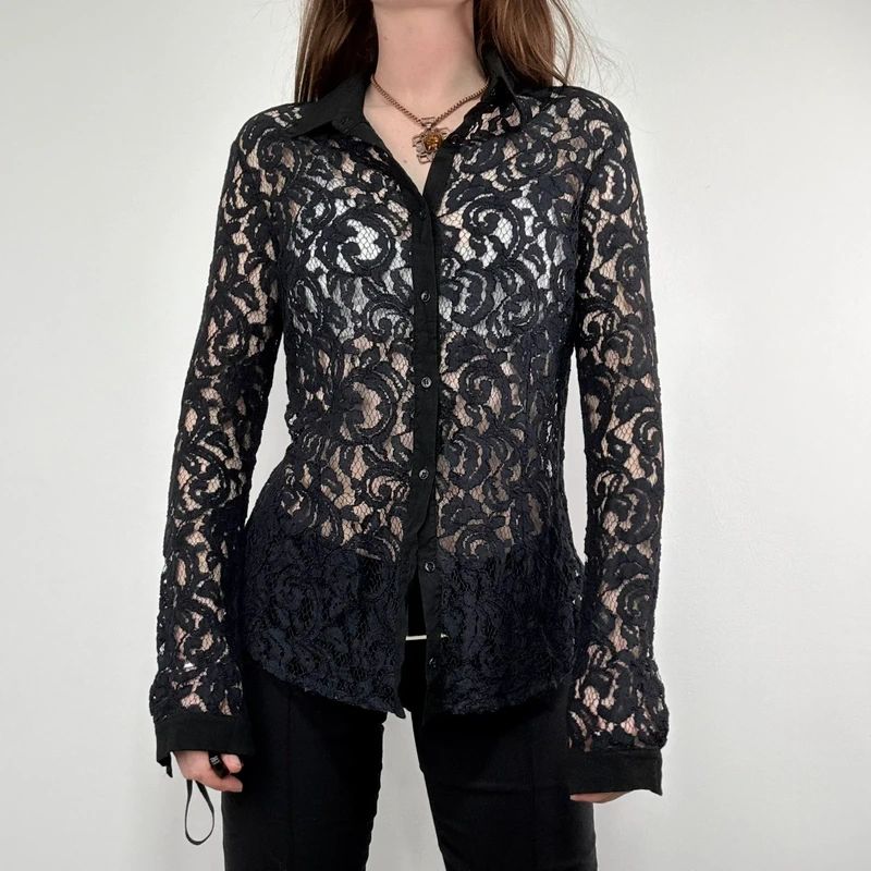 sheer navy lace fitted shirt
