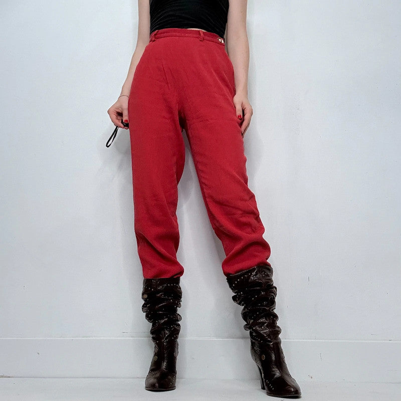 red pinstripe textured straight leg trousers