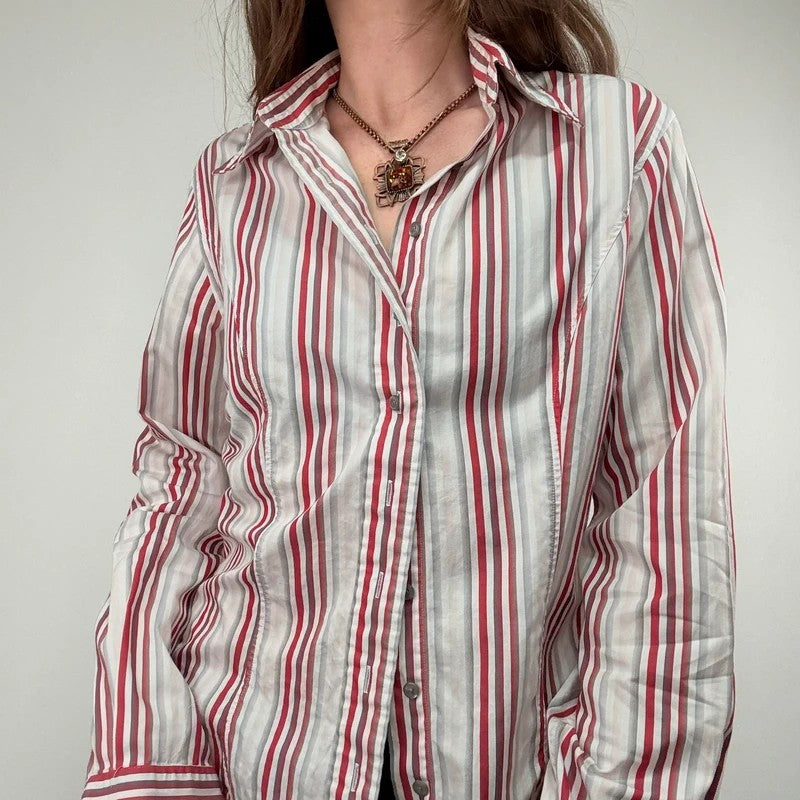 pinstripe preppy fitted flared white and red shirt