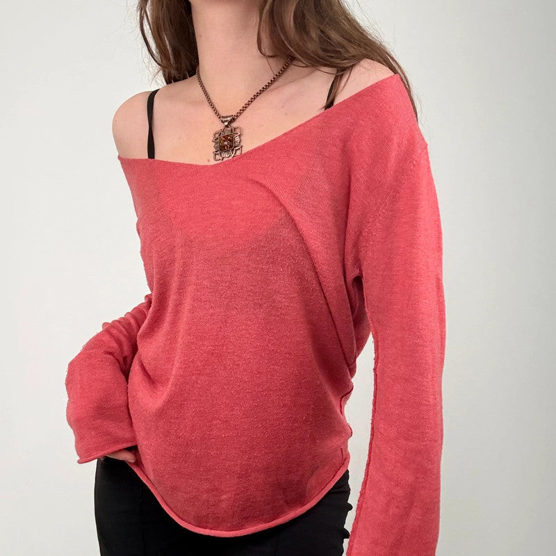 pink slouchy knit off the shoulder jumper