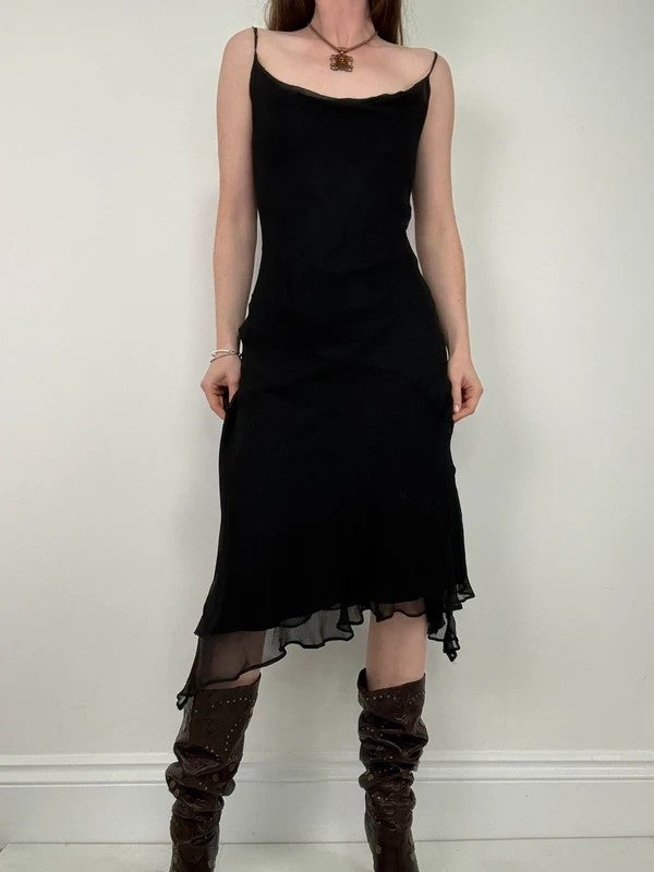 black silk bias cut layered flutter dress