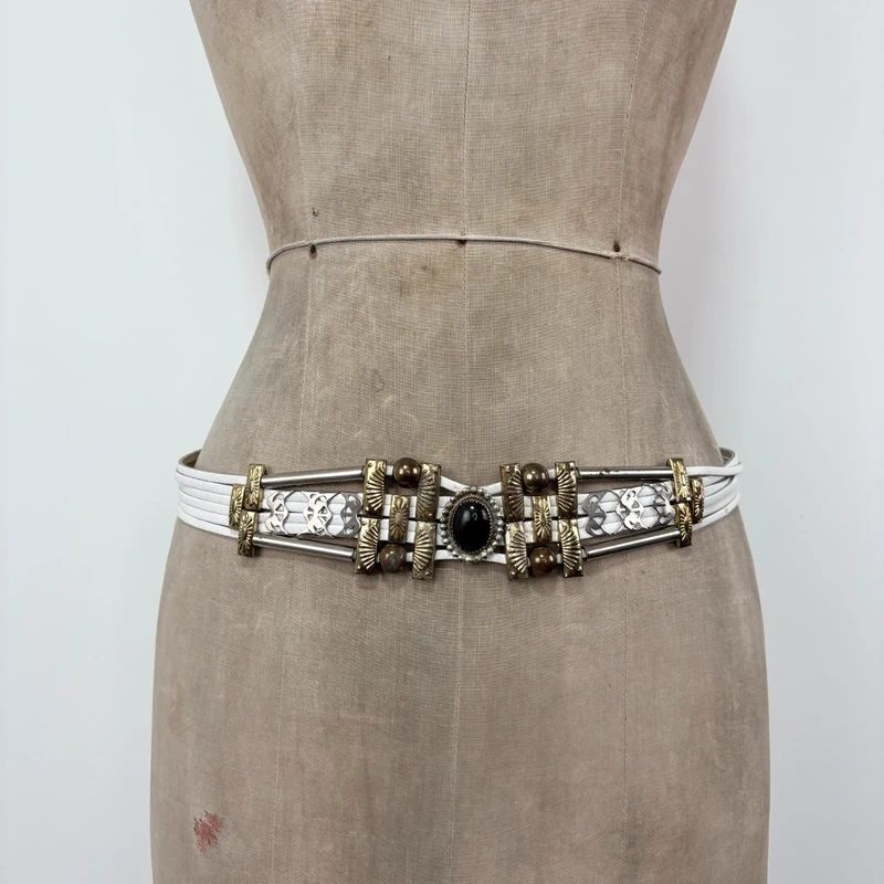 chunky metal boho white leather belt