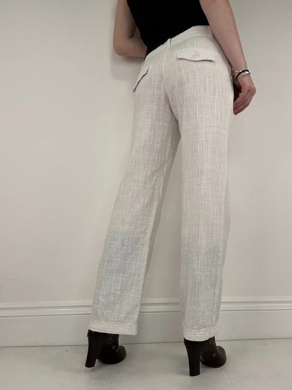 white linen wide leg low rise trousers