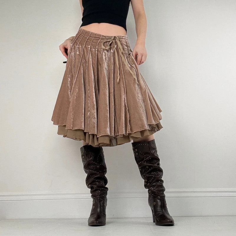 Brown pleated flared layered midi skirt