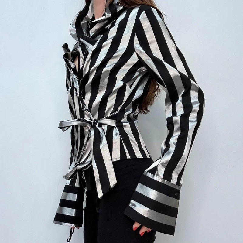 asymmetric striped ruffle shirt