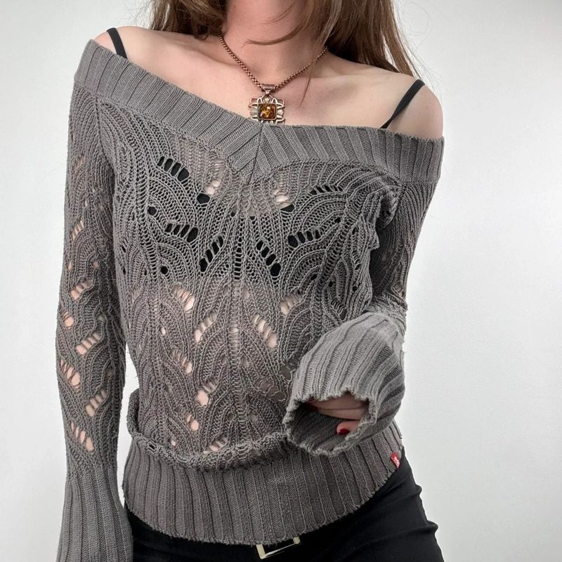 khaki lace knit off the shoulder slouchy jumper