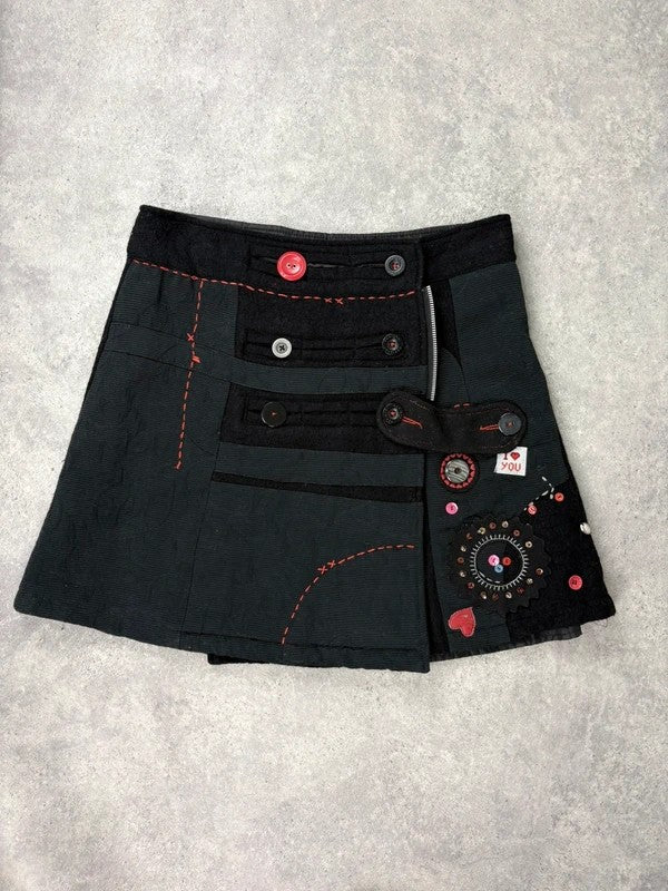 Flared black wool abstract button midi skirt