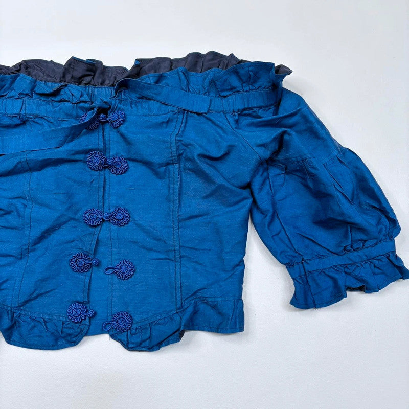 blue silk off the shoulder ruffle blouse