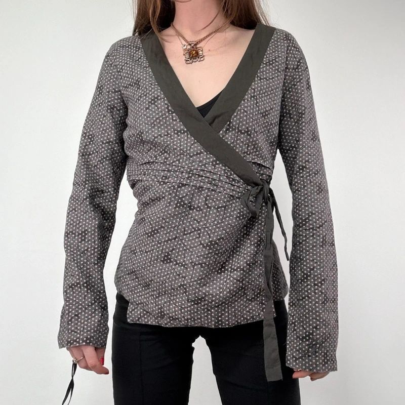 brown polkadot wrap shirt