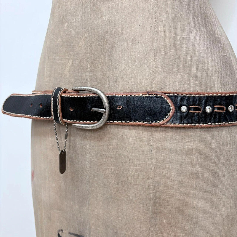 Studded leather black & tan stitch belt