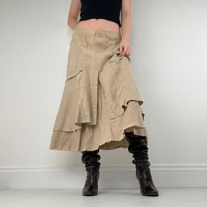 tan linen layered pinstripe midi skirt