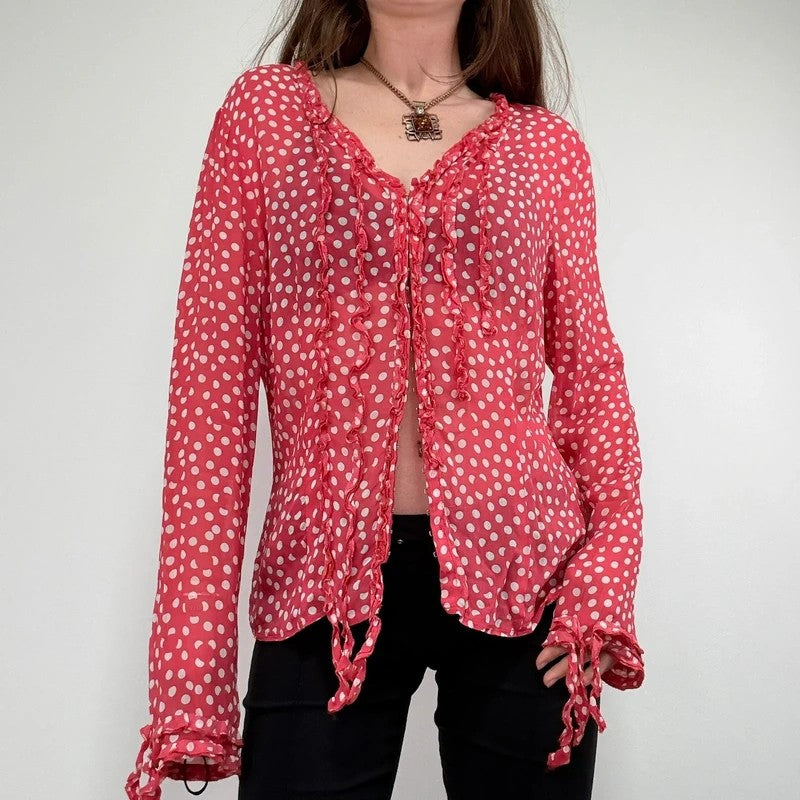 Red polka dot flutter fray blouse with hook and eyes