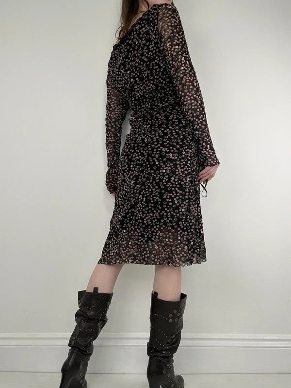 black polkadot long sleeve mesh slouchy dress