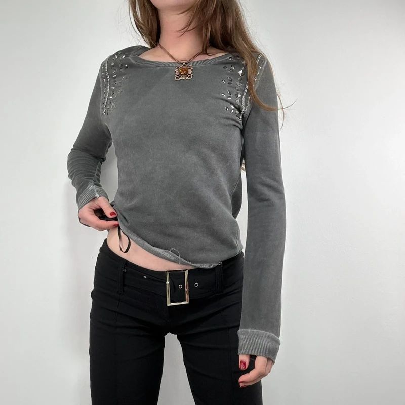 distressed cotton studded cropped sweatshirt