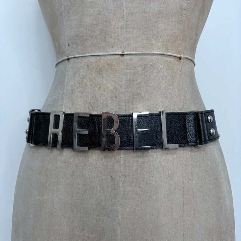 black faux leather silver spellout belt