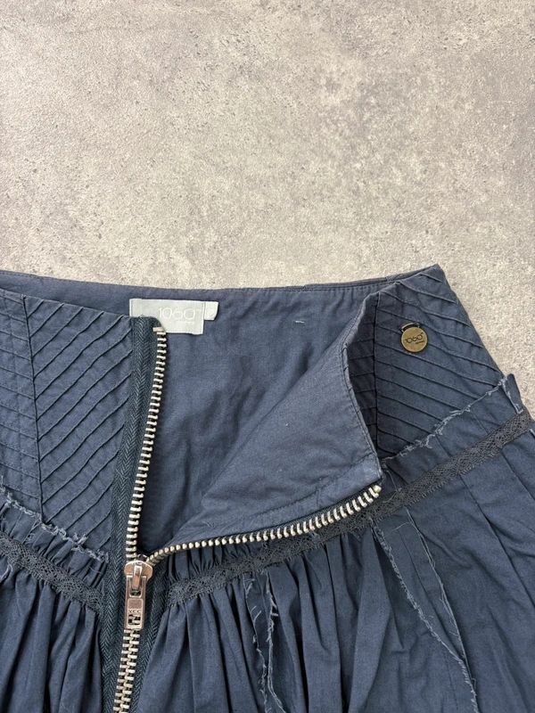 Puff parachute navy pleated midi flare skirt with zipper