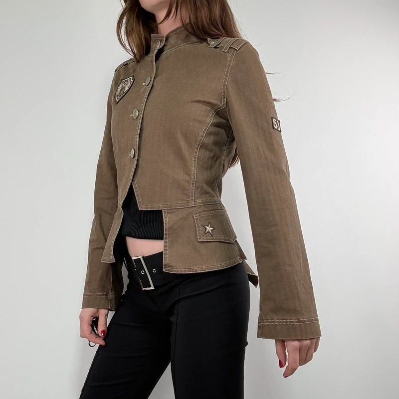 Khaki asymmetric fitted military jacket