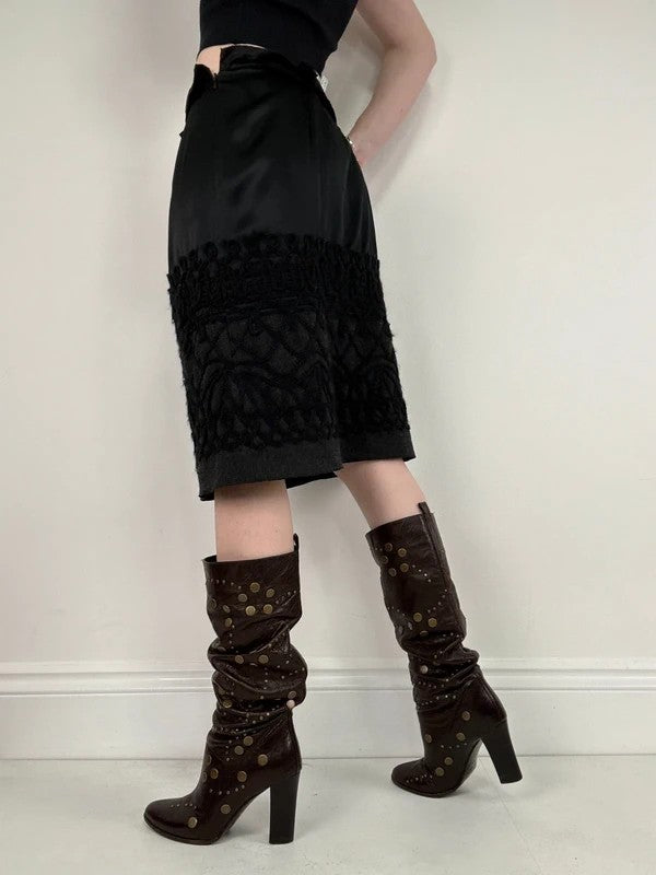 black silk embroidered napoleonic wool midi skirt