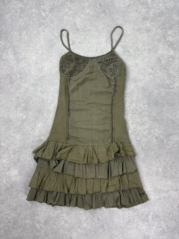 Khaki cotton ruffle lace mini dress
