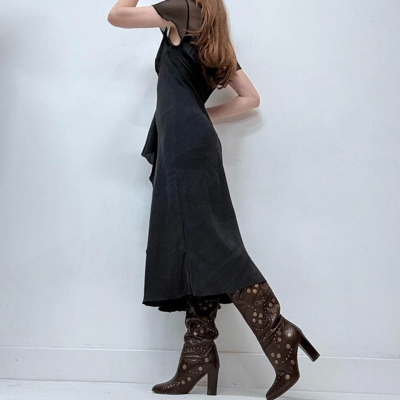black flutter draped midi silk dress