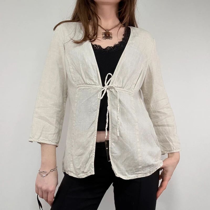 cream linen flared tie up shirt
