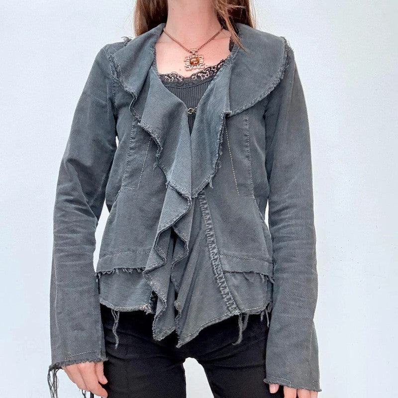 distressed black denim ruffle jacket