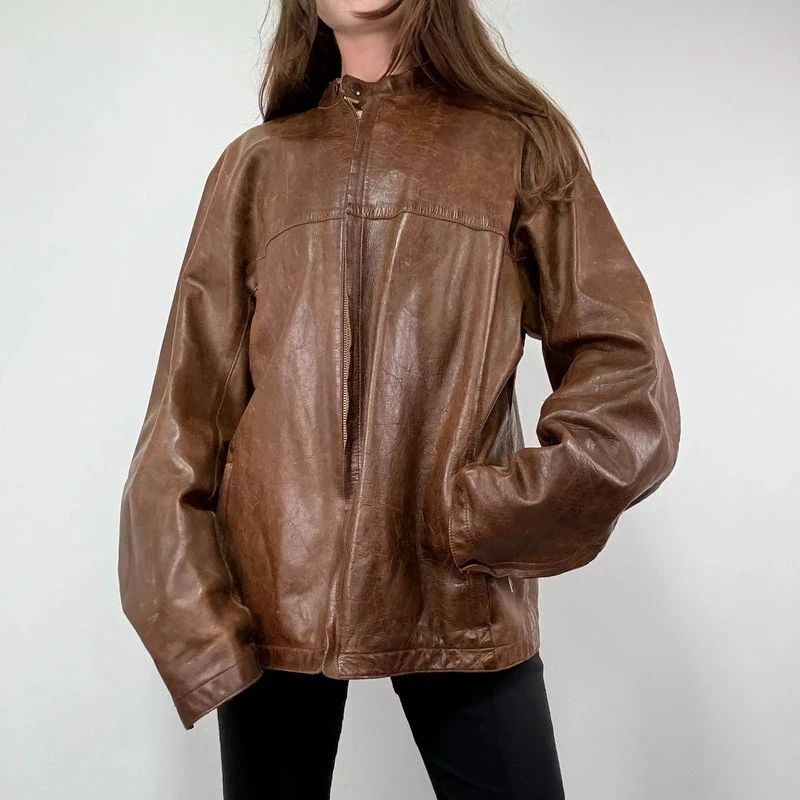 Brown Oversized Leather Bomber Jacket