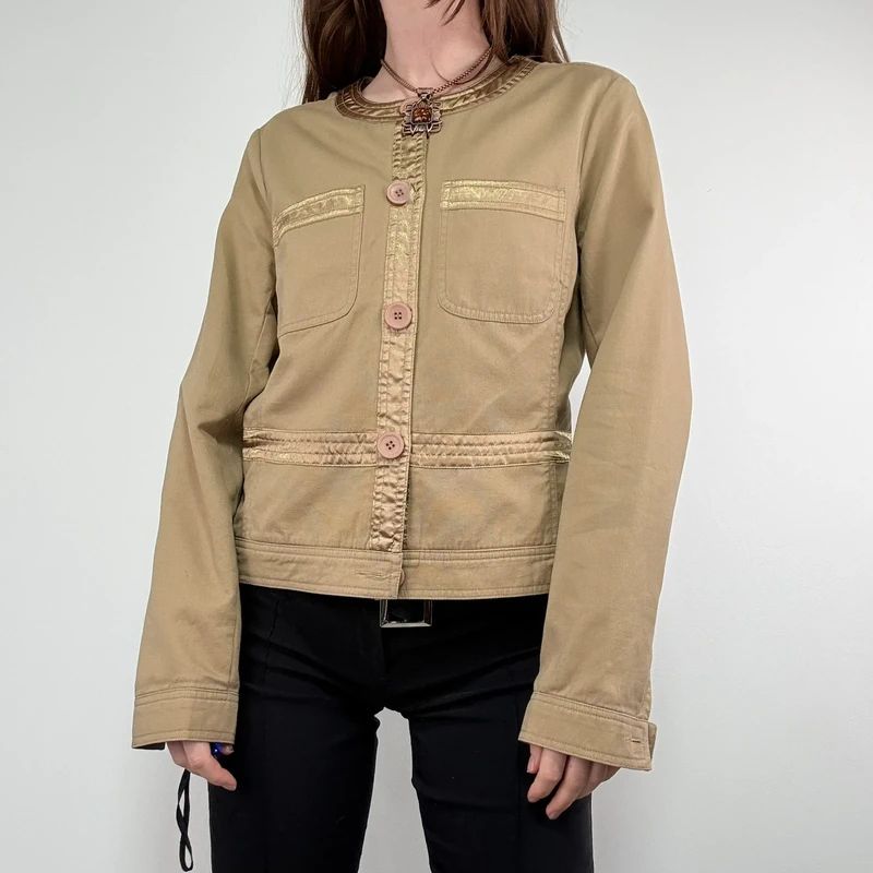 tan boxy cropped fit jacket with exposed button detail
