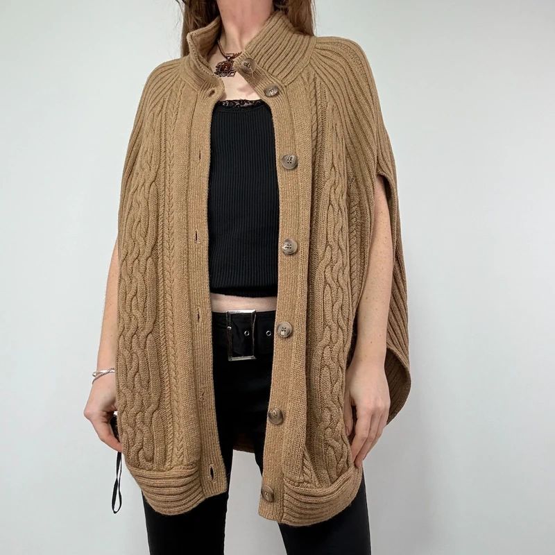Tan Cable Knit Cape Cardigan