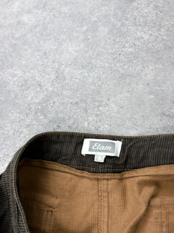 brown khaki pinstripe a-line midi skirt