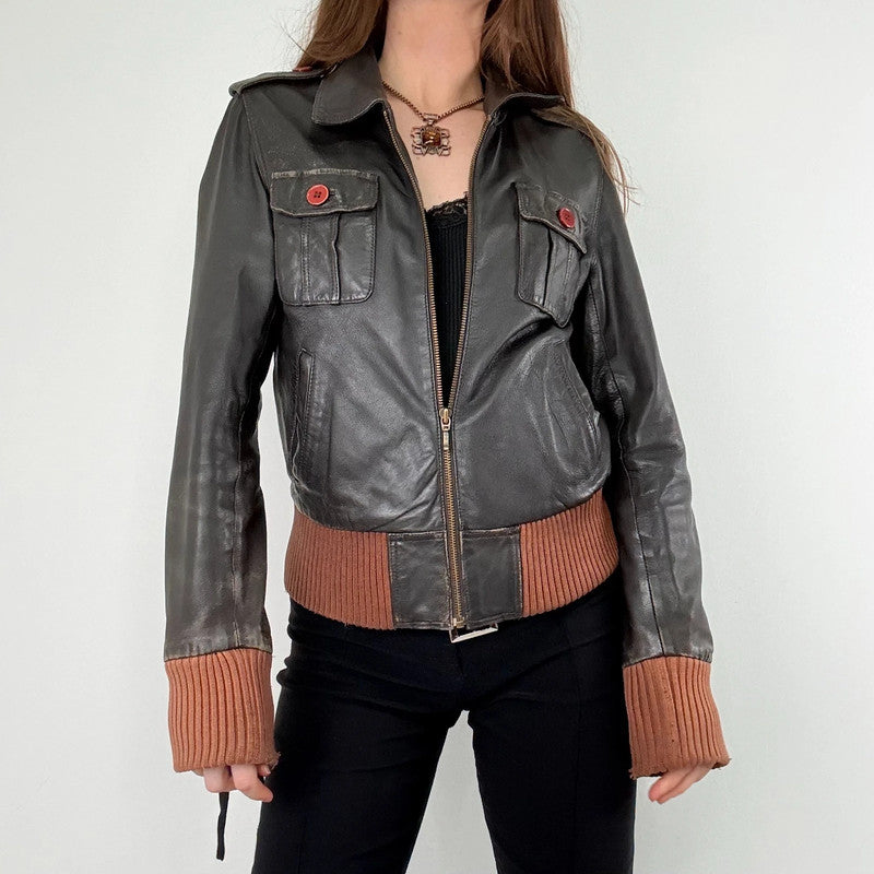 brown leather cinched ribbed waistband jacket
