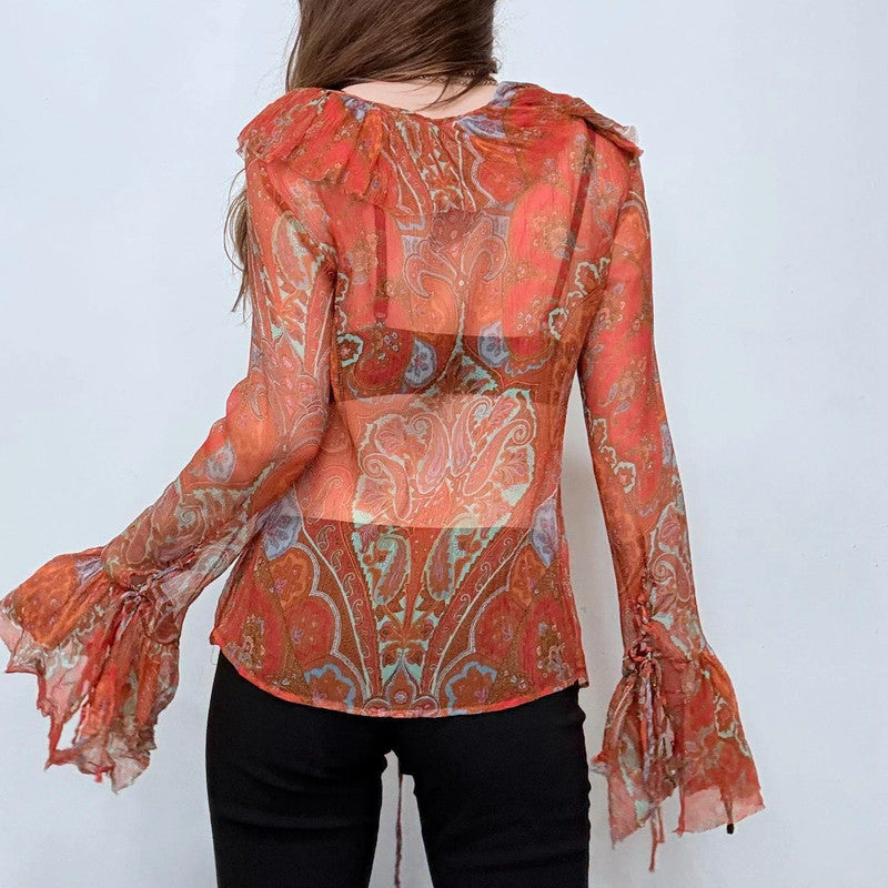 paisley sheer silk flared ruffle shirt
