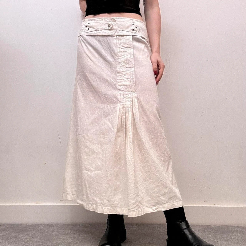 pleated white linen midi skirt