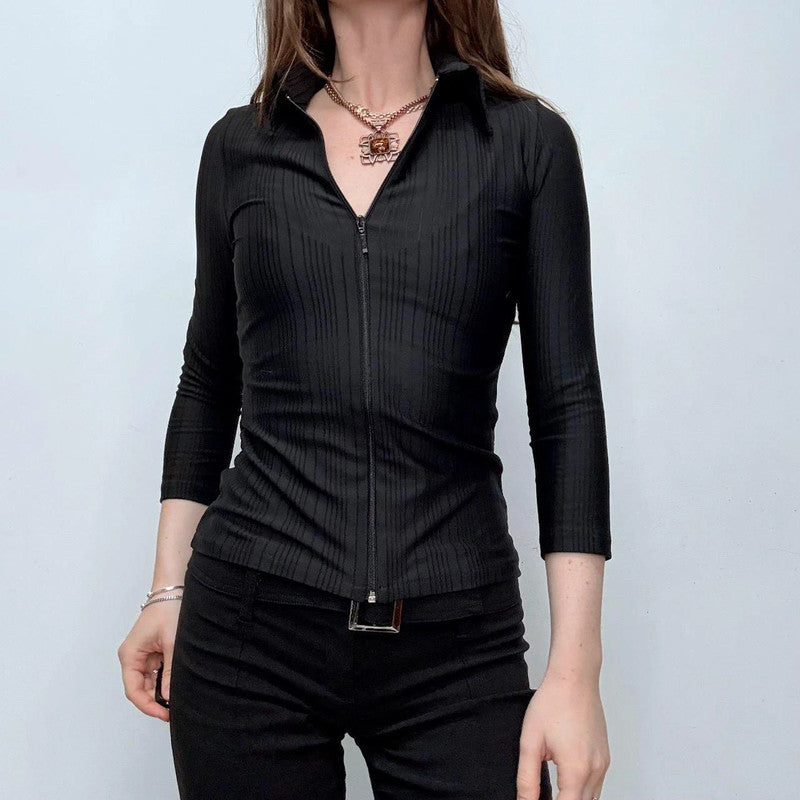 fitted black pinstripe zip shirt