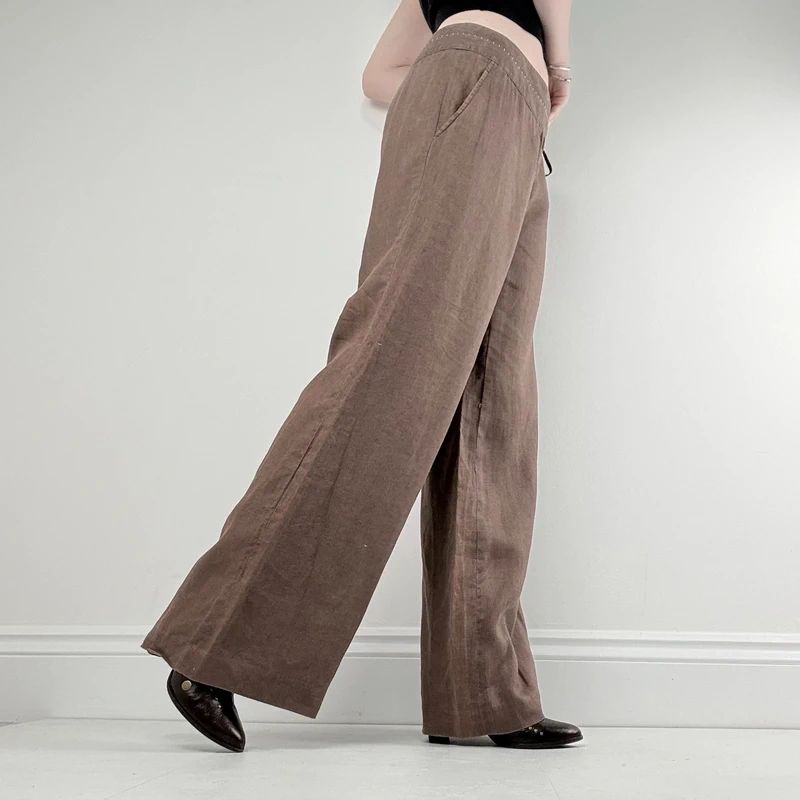 wide leg brown linen trousers