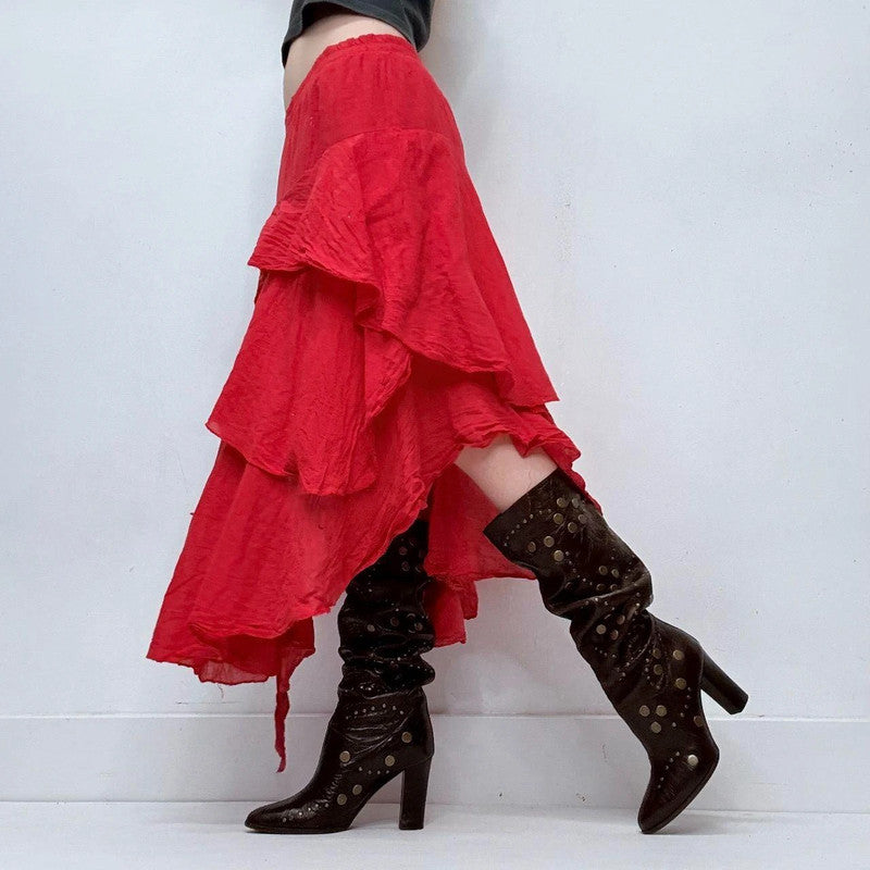 red asymmetric layered maxi skirt