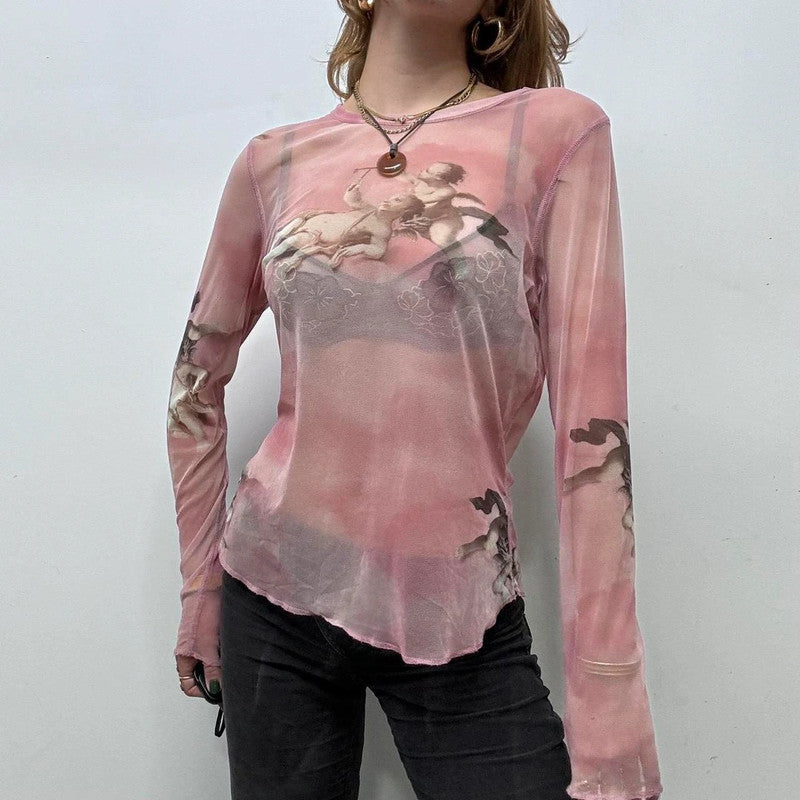 sheer pink graphic print angel t-shirt