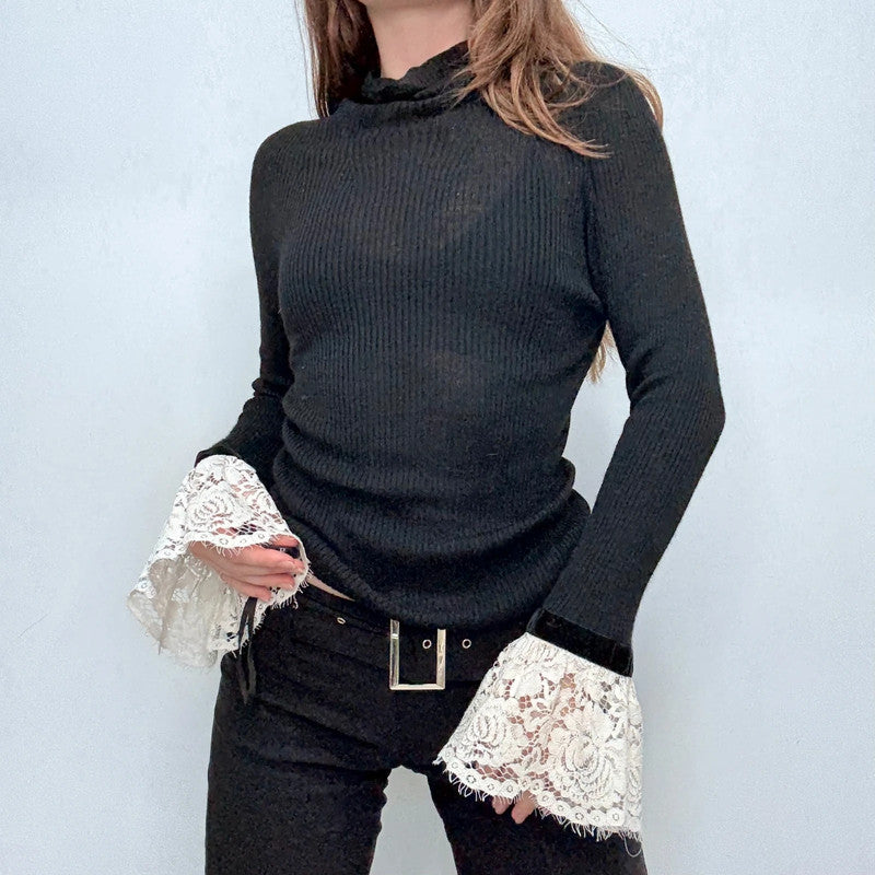 black ribbed slouchy gothic lace shirt