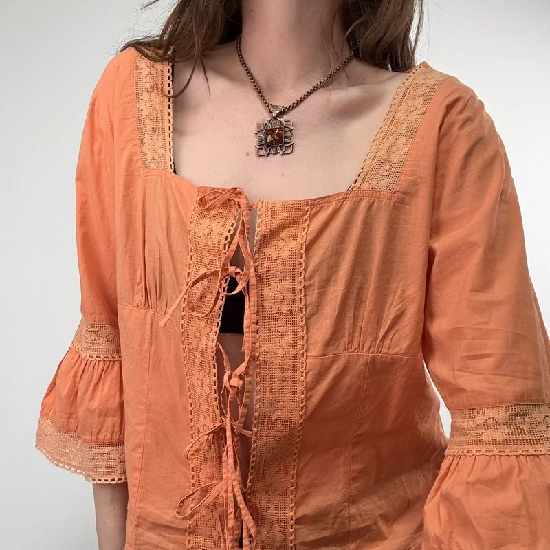 flared orange lace cotton blouse