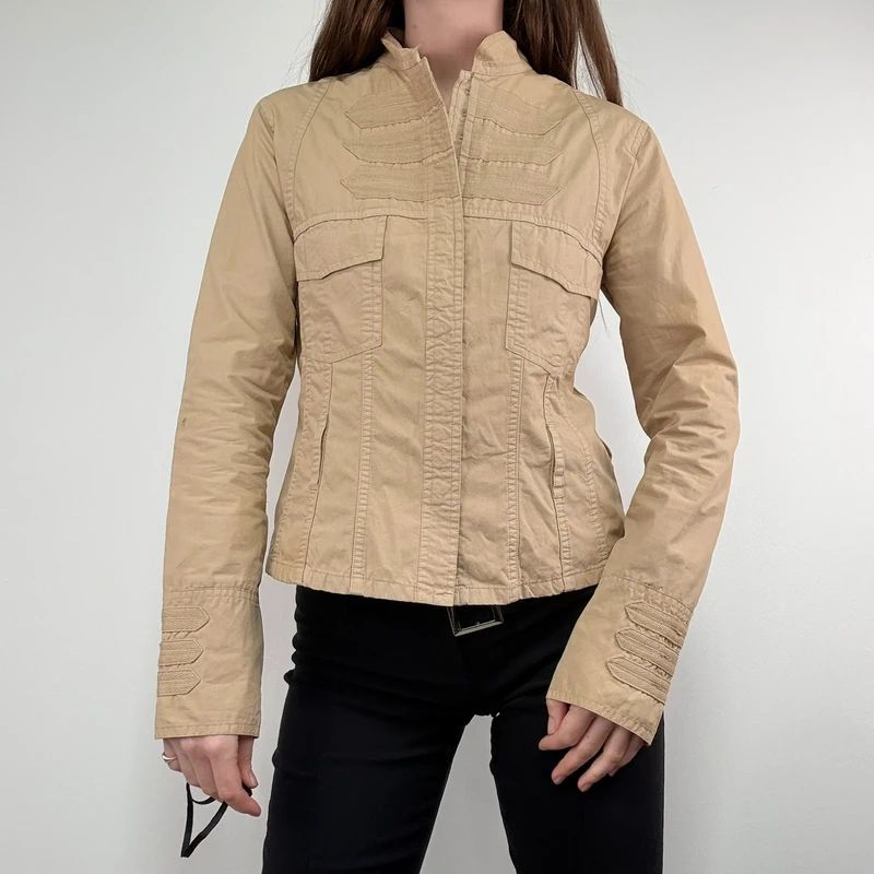 tan fitted panelled military jacket