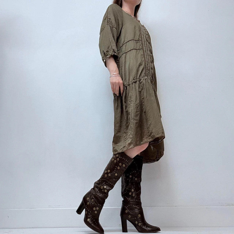 khaki silk lace boho dress