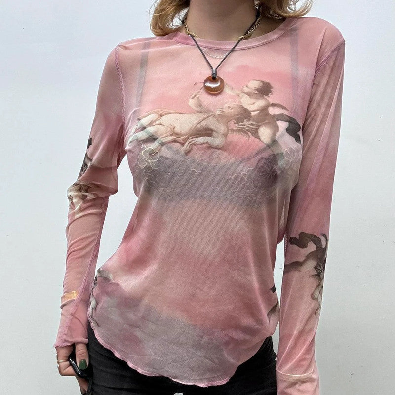 sheer pink graphic print angel t-shirt